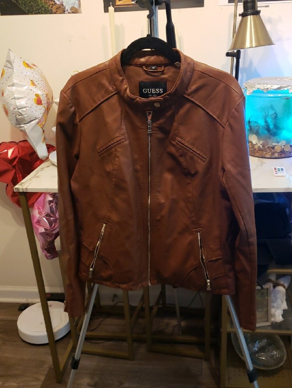 GUESS Brown Faux Leather Moto Jacket with Floral Lining Fits 1x